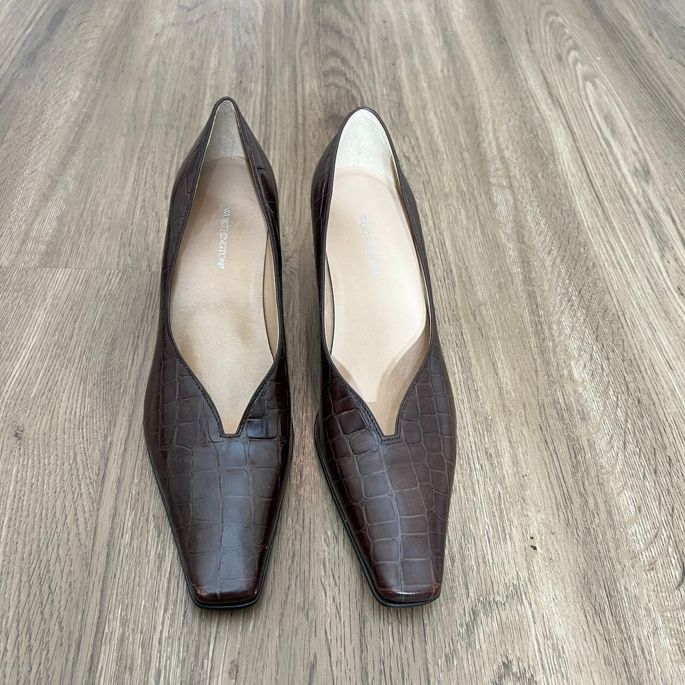 Worthington Croc Embossed Leather Pumps Shoes Brown Square Toe 8M Old Money